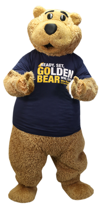 Monty the Golden Bear in a t-shirt that says Ready. Set. Golden Bear